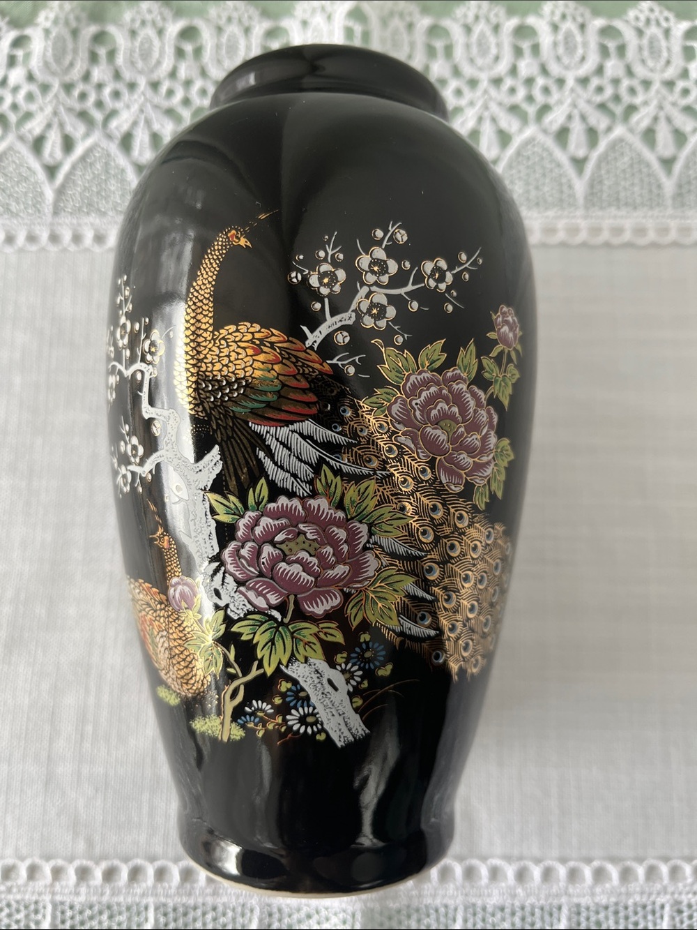 Vintage Japanese Black Porcelain Peacock & Peony Vase – Gilded Chokin Style – 6” - Picture 3 of 6